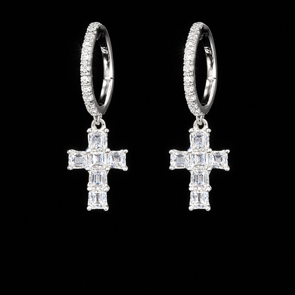 Natural Diamond 18kt White Gold Cross Earrings - Picture 2 of 7
